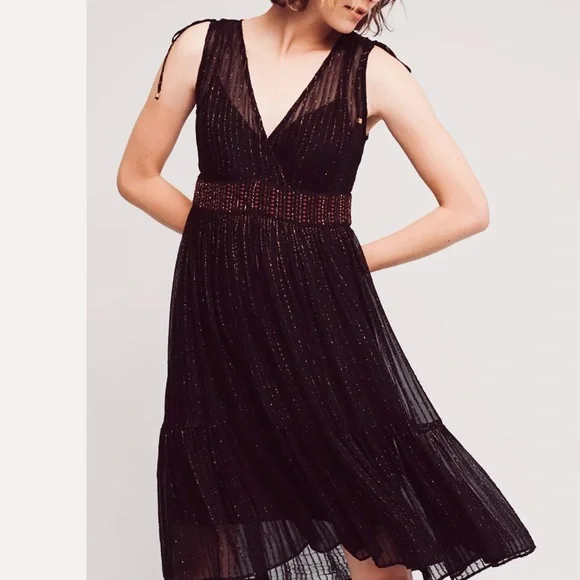 Anthropologie Black & Gold Metallic, Midi Dress by Floriat Size Small - Picture 16 of 16